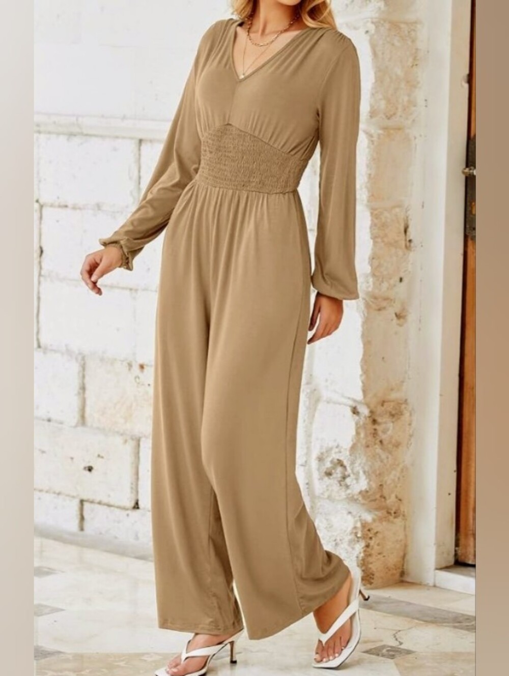 NWT Boho Smocked Waist Wide Leg Ribbed Jumpsuit - Taupe/Tan Women's